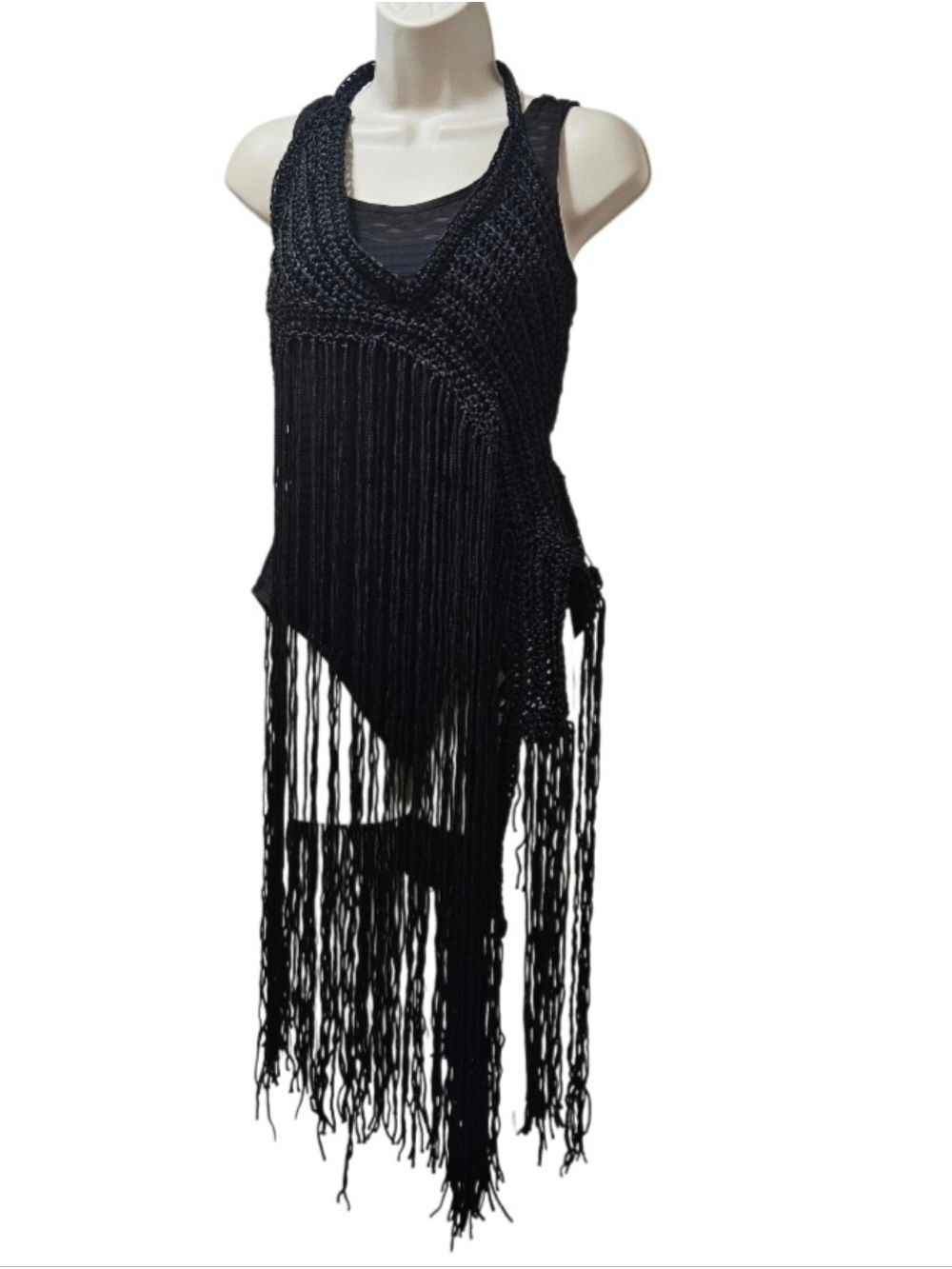 BLACK HAND CRAFTED CROCHET FRINGE HALTER TOP VNECK 2-WAY FESTIVAL BEACH COVER UP - Picture 6 of 17